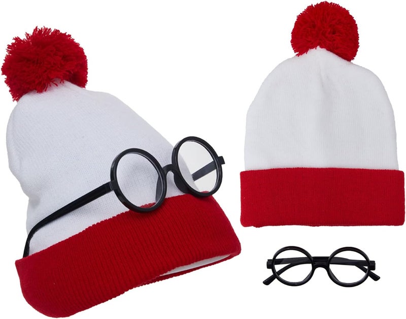 Deboyar Red and White Beanie Hat and Glasses Frame Set Men Women Knitted Hat Halloween Costume Accessory - Image 1